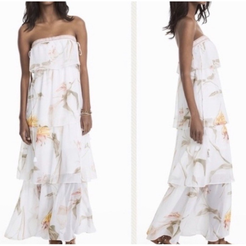 White House Black Market Maxi Dress White Floral Chiffon Ruffle Peasant Tiers M
